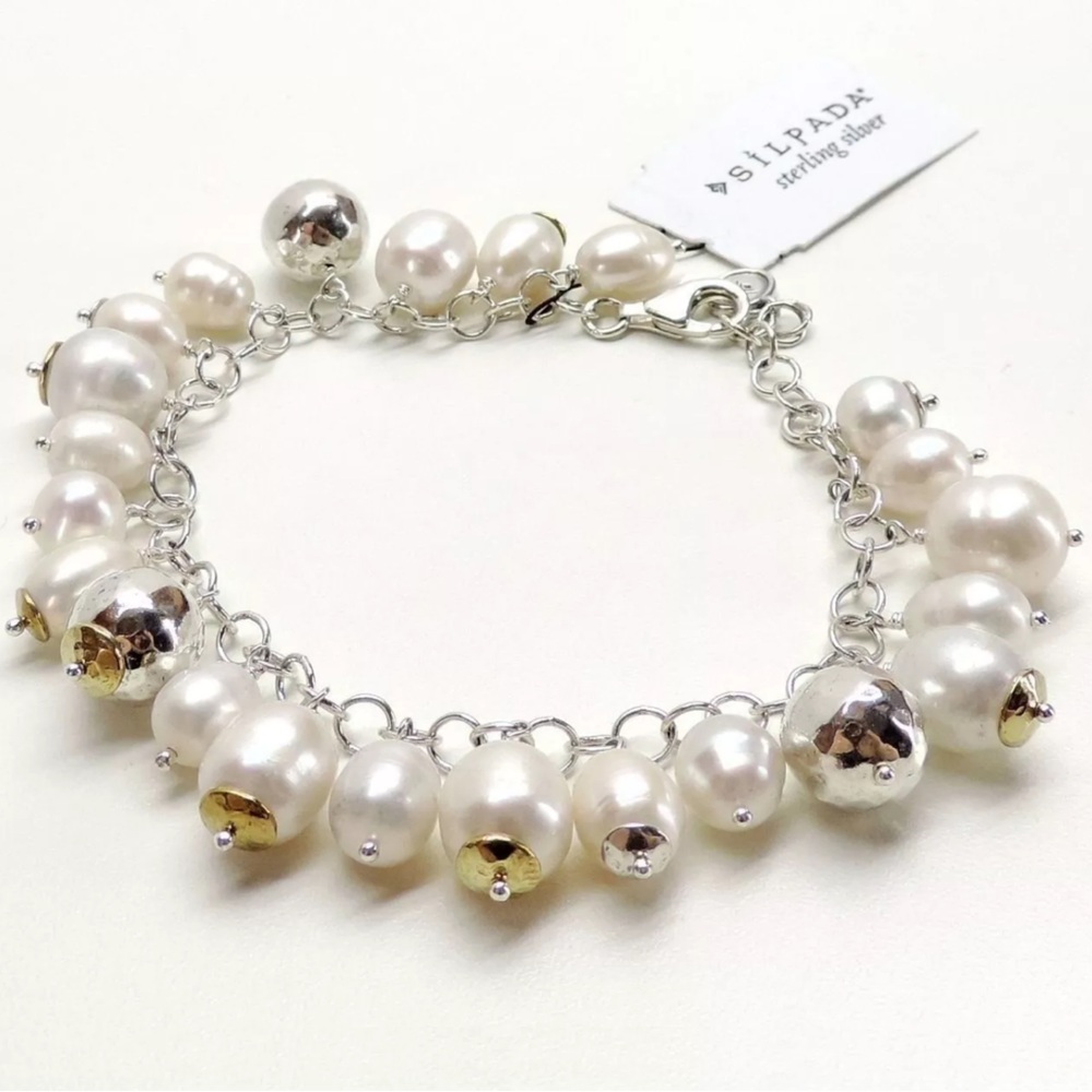 Silpada Vintage Sterling Silver Pearls & Brass Bracelet Flirt Alert Cha Cha ⛓️‍💥